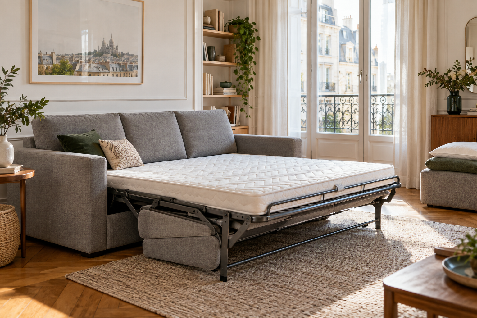 Canapé convertible ouvert avec matelas dans un salon lumineux