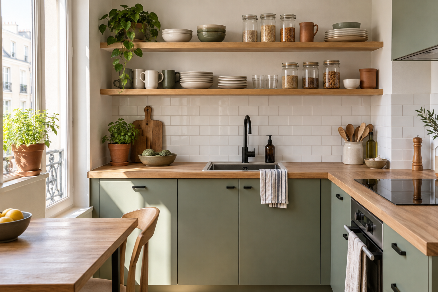 Étagères ouvertes en bois dans une petite cuisine bien rangée