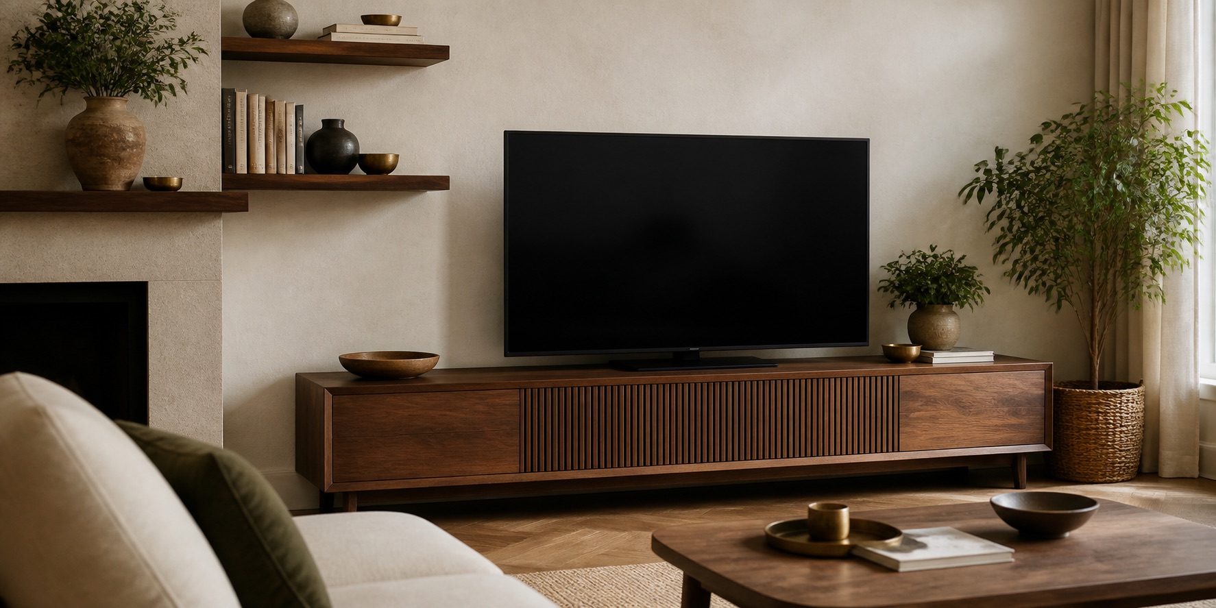 Meuble TV dans un salon aux tons naturels