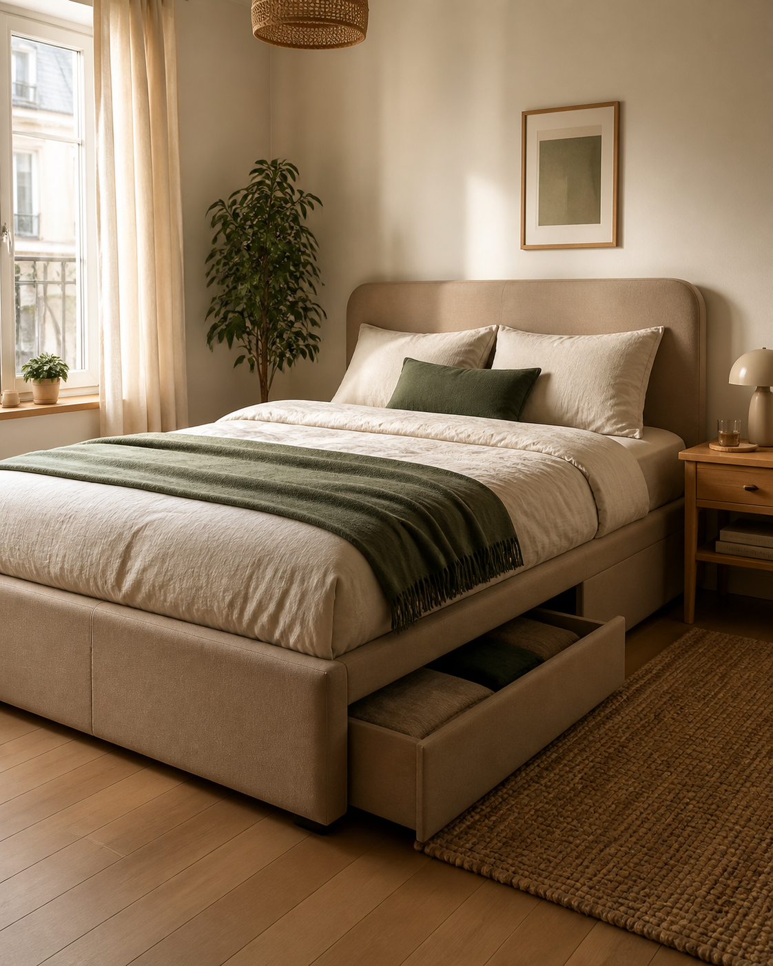 Lit coffre beige dans une chambre compacte et lumineuse
