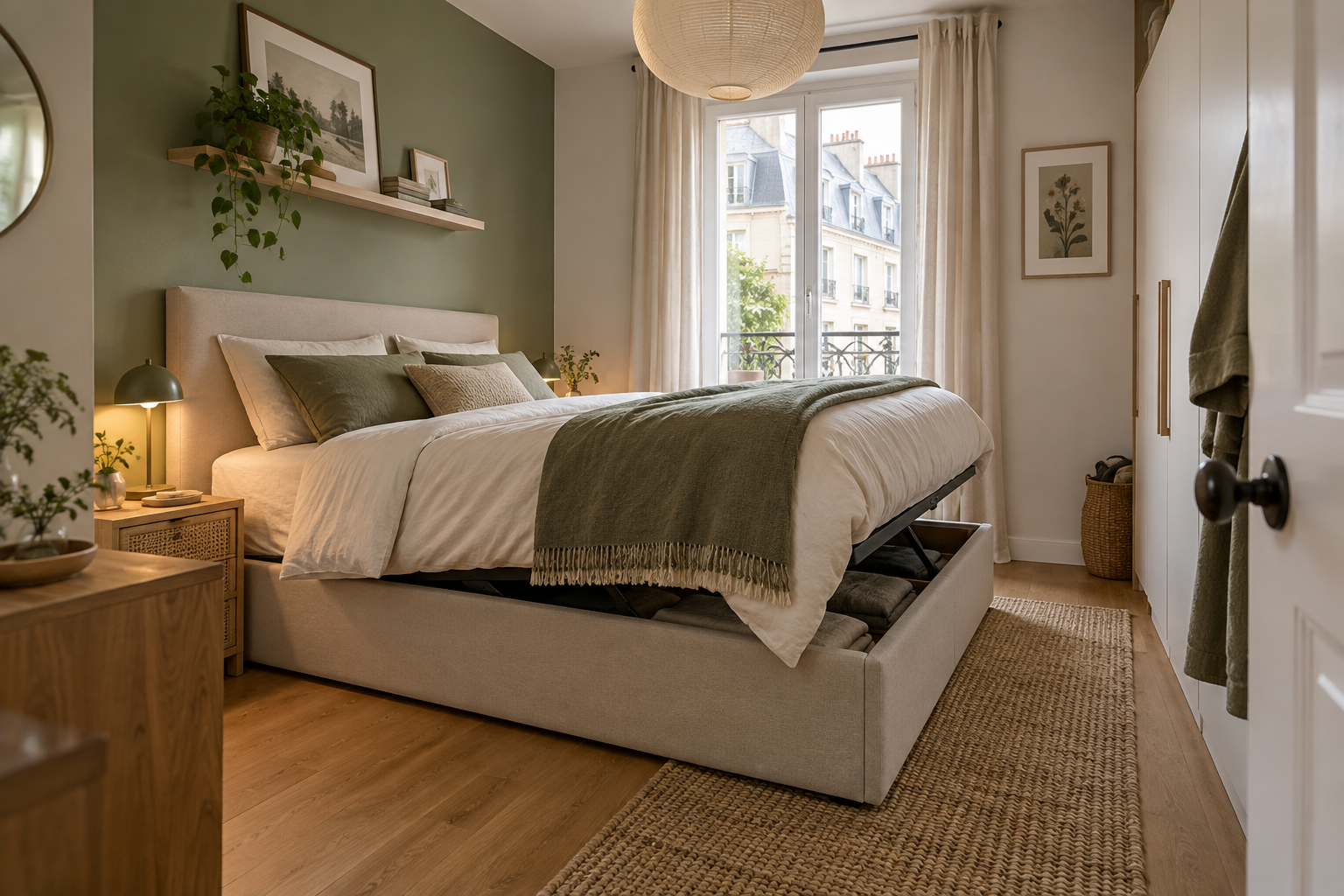 Lit coffre ouvert dans une chambre compacte avec passage autour du lit