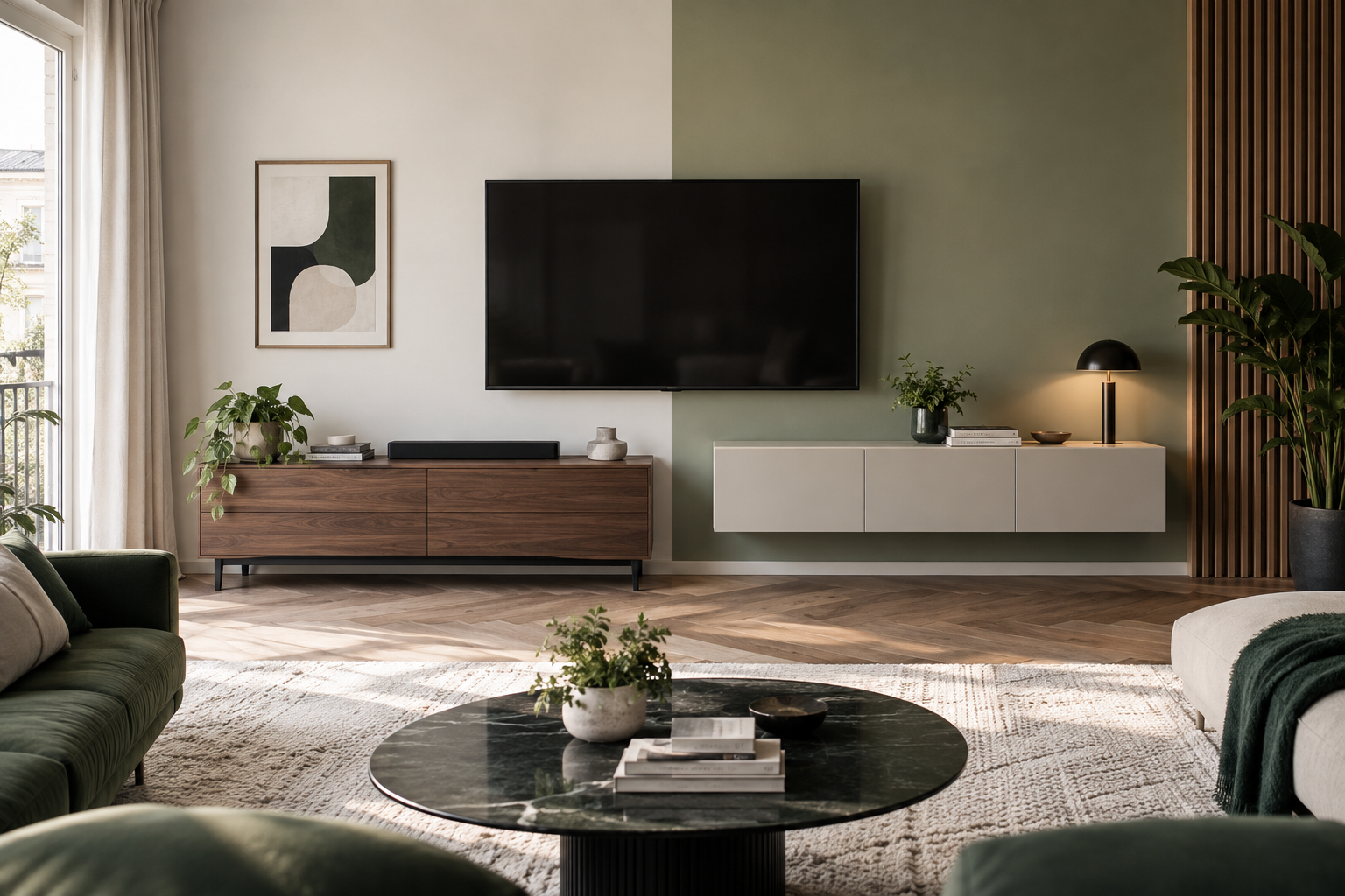 Salon comparant un meuble TV bas et un meuble TV suspendu