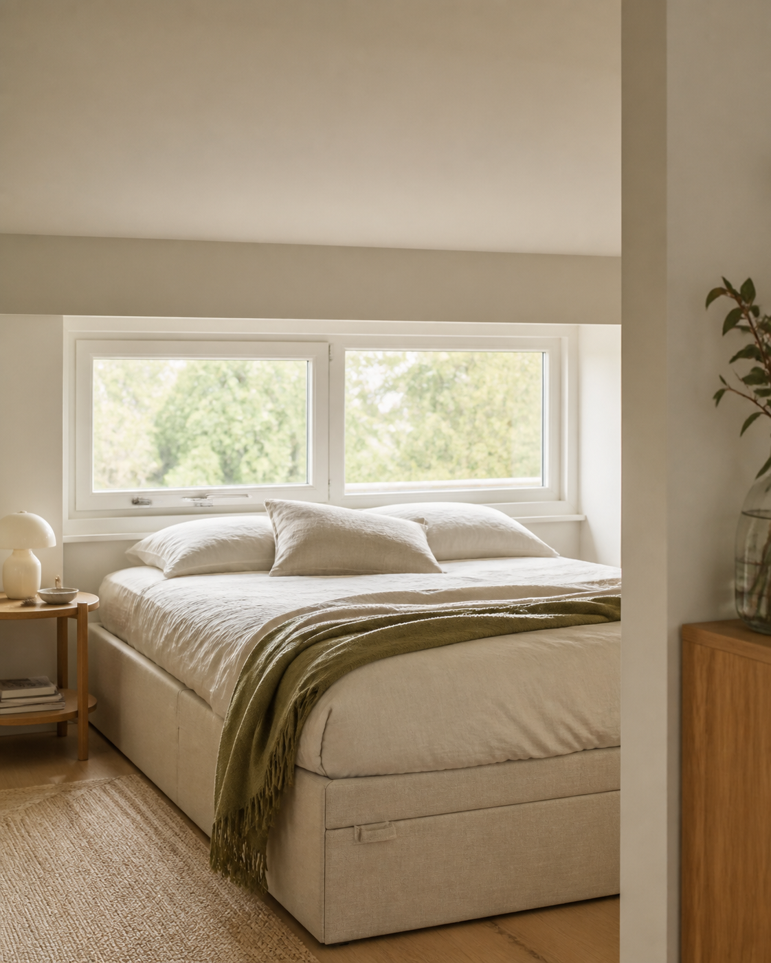 Sommier coffre bas sous une fenêtre dans une chambre minimaliste